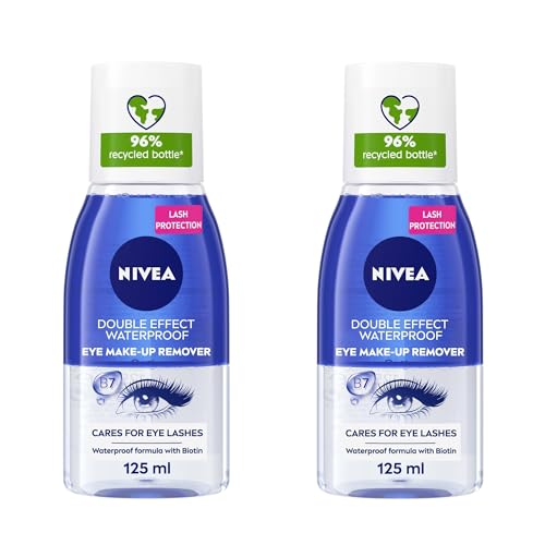 NIVEA Double Effect Eye Makeup Remover Gentle Waterproof Mascara Remover with Cornflower Extract Non-Greasy Bi-Phase Formula 2x125ml