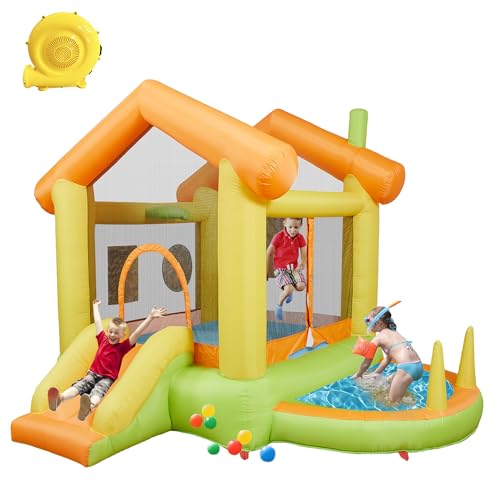 Kindereinflatable Sprungburg 10FT mit Lüfter – Innen- & Außeneinsatz Trocken-/Nassbetrieb Wasserpark-Sprunggerät mit Rutsche, Ocean Bällen, Wurfspielen, Spritzbecken & Basketballkorb