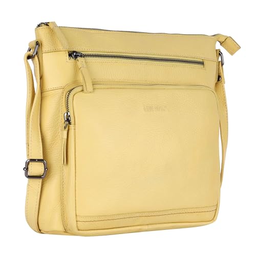 LEDERBUCK Olga Women's Extra-Large Genuine Leather Crossbody Purse – Soft Triple-Zip Shoulder Bag (Lime Yellow)