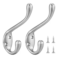 Jukzi Coat Hooks 5 Pack - Heavy Duty Wall Mounted Brushed Nickel Door Hooks Double Prong Hooks for Hanging Clothes/Towels - Sturdiness Design with Better Mounting System