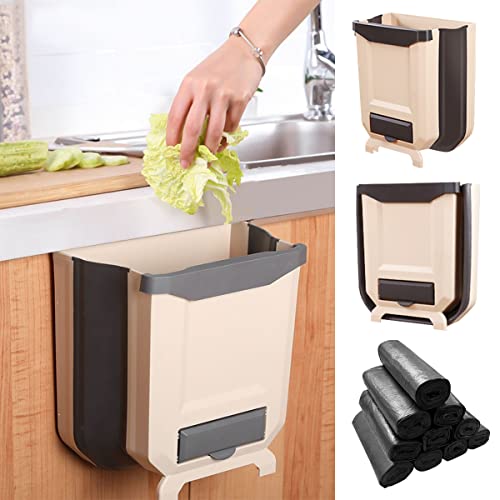 Barrageon Cubos de Basura Plegable Papelera de Cocina Bote Basura Colgante Extraible Coche Baño Oficina Cajón Sencillo Durable 8L Con 200 Bolsas de Basura (Caqui) Cover