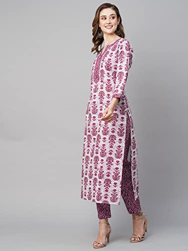 Image of GoSriKi Women's Cotton Blend Printed Straight Kurta with Pant (Navya Pink-GS)