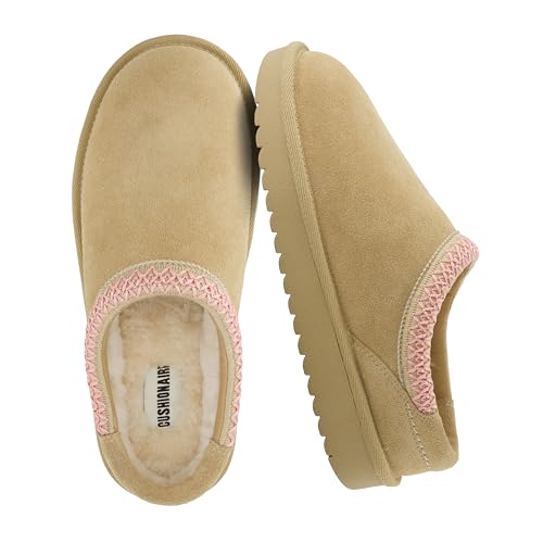 CUSHIONAIRE Keto Genuine Suede Leather Kids Slippers for Boys and Girls Cozy Slip-On Mule House Shoes with Faux Fur Lining Cushioned Memory Foam Comfort SAND/PINK 5