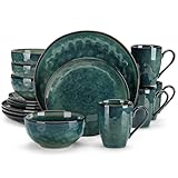 vancasso Starry Dinnerware Set for 4, 16 Pieces Handmade Reactive Glaze Stoneware Plates and Bowls Sets with Mugs, Dishwasher and Microwave Safe Dish Set, Green