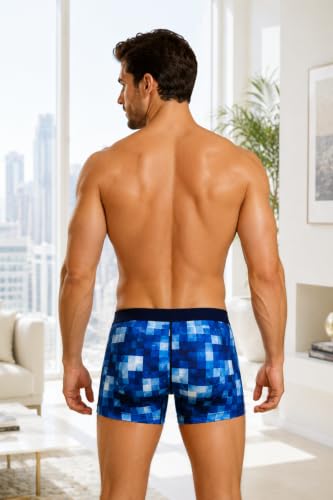 Image of BONO Men Cotton Blend Printed Trunk Combo Anti-Bacterial Moisture Wicking No Marks Stretchable Regular Fit Waistband Underwear Pack of 3 (Darkblue-Multicolor-TurquiseBlue-M)