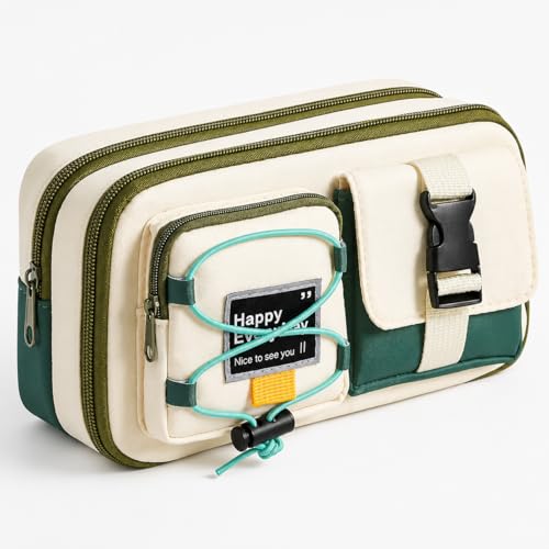 Image of Multi-Compartment Pencil Pouch Large Capacity Pen Case with Zipper & Buckle Pocket, Durable Canvas Stationery Organizer for School Office Travel, Stylish Storage Case (Green Happy Every Day)