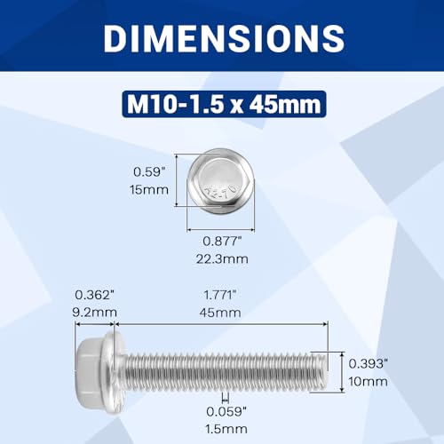 Image of M10-1.5 x 45mm Serrated Flange Hex Bolts + Flange Nut + Flat Washer + Lock Washer Combo Pack, 304 Stainless Steel 18-8, for Automotive & Machinery, 10 Sets