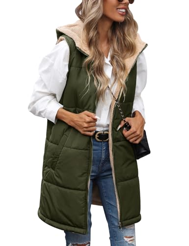 Tuopuda Steppweste Damen Lang Winterweste Outdoor mit Taschen Gilet Übergangsweste Wintermäntel Lang Pufferjacken Ärmellos Kapuzenweste Steppjacke Hooded Daunenweste Geschenk für Frauen, Armeegrün, XL Tuopuda Steppweste Damen Lang Winterweste Outdoor mit Taschen Gilet Übergangsweste Wintermäntel Lang Pufferjacken Ärmellos Kapuzenweste Steppjacke Hooded Daunenweste Geschenk für Frauen, Armeegrün, XL