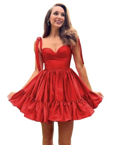 Bow Spaghetti Strap Homecoming Dresses for Teen A Line Pleated Mini Formal Cocktail Gowns Tiered Sweetheart Party Gown
