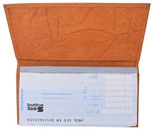 MARSHAL Genuine Leather Slim Bifold Checkbook Cover Credit Card ID Holder (Tan)4