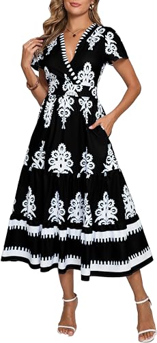 Image of Floral Print Dress for Women Boho Long Dresses Flowy A line Dresses Fit for Office and Casual Vacation Cocktail Party Prom
