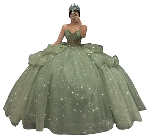 PFTFB Sweetheart Sage Green Quinceanera Dresses Ball Gown Strapless Puffy Tulle Sweet 16 Dresses with Bow Prom Evening Gown 4