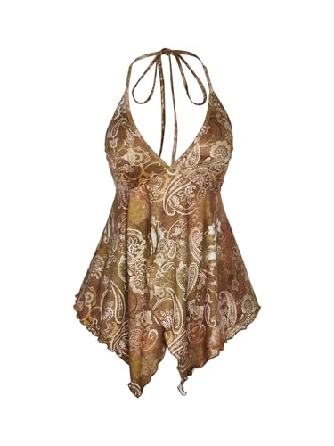 Verdusa Women's Plus Size Boho Vintage Paisley Halter Top Summer Backless Slit Flowy Peplum Tops Multicolor 3X-Large Plus