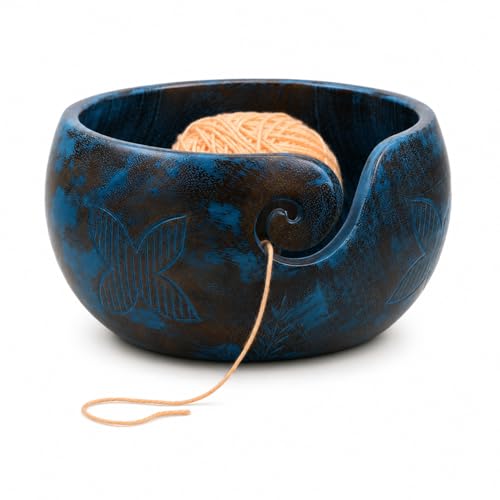 Image of Large Blue Yarn Bowl, 7 x 4 Inch Wooden Knitting Holder | Mango Wood, Holds 2 Yarn Skeins, Handcrafted, Tangle-Free, Smooth Finish, Floral Carved, Giftable