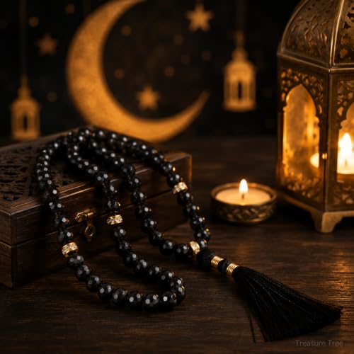 Image of Islamic Salat Prayer Tasbih - 100 Crystal White Beads - Tasbeeh for Dhikr, Zikr, and Meditation (Crystal Black)