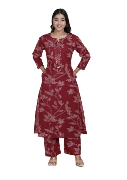 Women Cotton Maroon Floral Print Regular Size Co-Ord Set-image-15