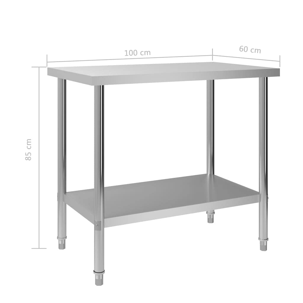 Mesa de trabajo de cocina de acero inoxidable, 100 x 60 x 85 cm, con estante inferior y patas niveladoras antideslizantes, para cocina, restaurante, catering