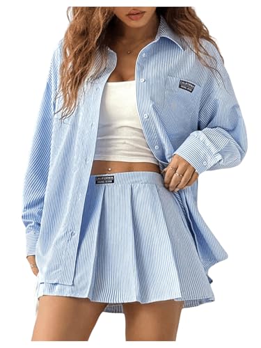 MakeMeChic Women's Two Piece Fall Outfit Striped Button Down Shirt and Pleated Skirt Matching Set Blue Medium