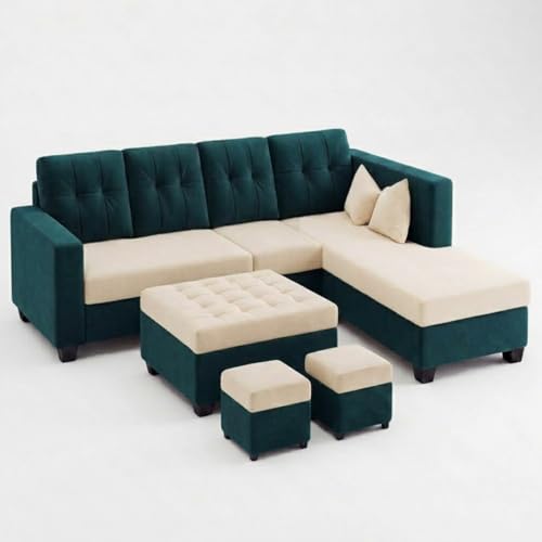 Image of FURNY Nathan 8 Seater L Shape Sofa Set RHS (Green Teal-Cream) | Suede Velvet Finish | Durable Comfort Sofa for Modern Living Room & Office Spaces