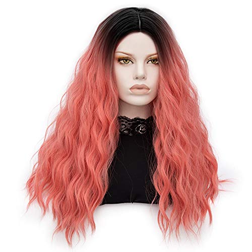 LEJIMEI Orange Pink Wigs for Women Ombre 22'' Long Curly Wavy Hair Wig Fashion Cute Heat Resistant Synthetic Full Wigs for Daily Party LJ014