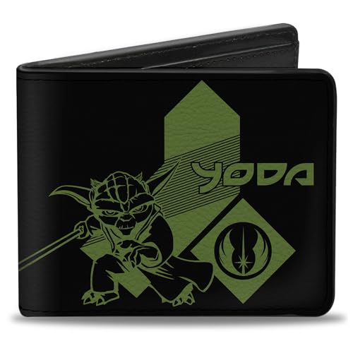 Buckle-Down Men's Wallet, Bifold, Clone Pose Logo Black Green, Vegan Leather, Star Wars Yoda, 4.0