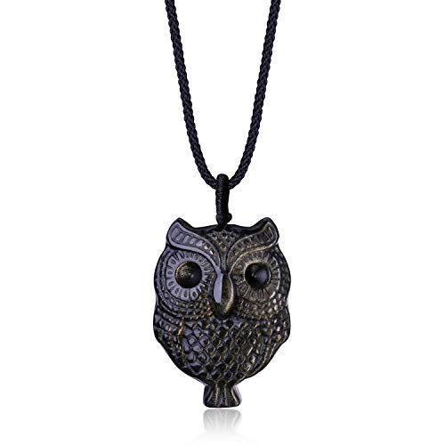COAI Pendentif Hibou Pierres Véritables Obsidienne Dorée Cordon Ajustable Homme