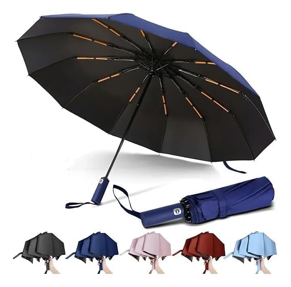 Image of Automatic Open Close Windproof Folding Travel Umbrella, Portable Compact Rain Umbrella for Men & Women Strongest Premium Auto Folding Umbrella for Rain and Sun (Blue)