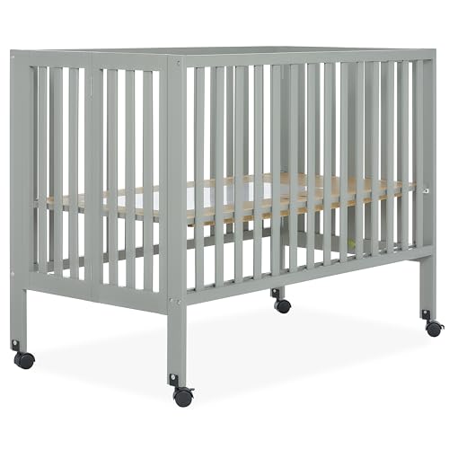 Dream On Me Quinn Full-Size Portable Baby Crib in Cool Grey GreenGuard Gold & JPMA, Patented Quick Fold System, Adjustable Mattress Support, Smooth Wheels, Compact Design, Safe Sleep Assurance