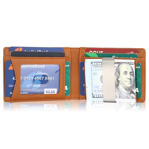 Minimalist Wallet for Men and Women - RFID Blocking Genuine Leather Slim Wallet with 12 Credit Card Slots, Money clip (Beige & Brown)3