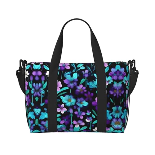 purple and teal flower print Travel Duffel Bag,workout duffel bag, overnight shoulder Bag,Weekender Bag for Women Men