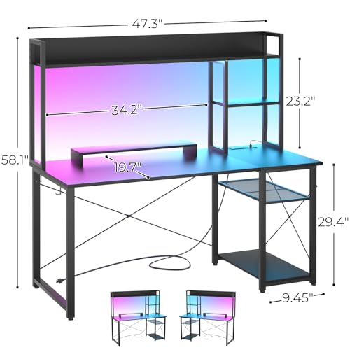 Image of Cyclysio Gaming Desk with Hutch, 47'' Computer Desk with LED Lights & Power Outlets, Home Office Desk with Reversible 5 Tiers Storage Shelves & Monitor Stand, Small Gaming Table for Small Space, Black