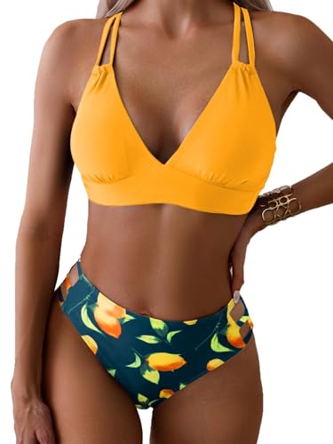 Image of Fanuerg Women's Sexy V Neck Bikini Sets Hollow Out Two Piece Swimsuits Cutout Mid Waist Bathing Suit