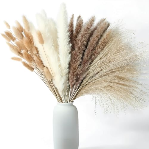 Image of TIED RIBBONS Set of 100 Pcs Natural Dried Pampas Grass Contains Real Rabbit Bunny Tail Reed Pampas - Boho Bouquet Artificial Flowers for Table Vase, Party Wedding & Home Decoration (17 inch Length)