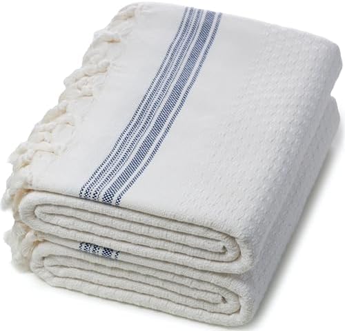 DEMMEX Micro Waffle Turkish Bath Towel – 100% Oeko-TEX Certified Cotton - Luxury, Ultra Soft, Quick-Dry, Lightweight Bathroom Towel Bath Sheet, Cotton Bubbles Texture, Oversized 70x40'', White Navy - Thumbnail 2