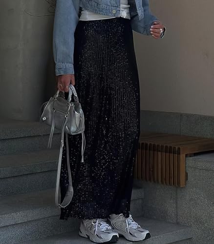 ebossy Women's Shinny Sequin High Slit Glitter Slim Maxi Long Skirt for Events and Holiday Parties2