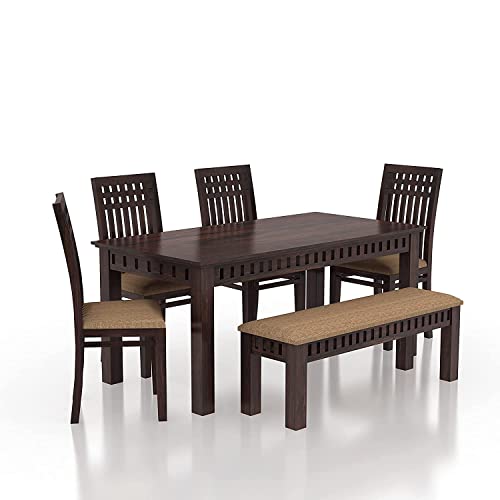 Image of SHRI MINTU'S ART Solid Sheesham Wood Dining Table 6 Seater | Six Seater Dinning Table with 4 Chairs & 1 Bench for Home | Dining Room Sets for Kitchen & Restaurants | Chairs with Cushion | Walnut Brown