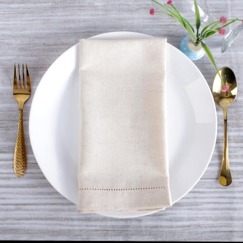 Image of FINGERCRAFT Table Napkins Hemstitched Cotton Linen Blend Fabric - Set of 6, 20x20 Inch, Cloth Napkins Durable & Elegant for Parties, Hotels, Everyday Use (Ivory Flax)