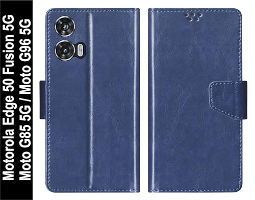 Image of SBMS Faux Leather Flip Cover for Motorola G96 5G / Moto Edge 50 Fusion 5G / Moto G85 5G Flip Cover Case Back Cover Case with Magnatic Closure | Inbuilt Stand | Card & Money Pocket (Blue)