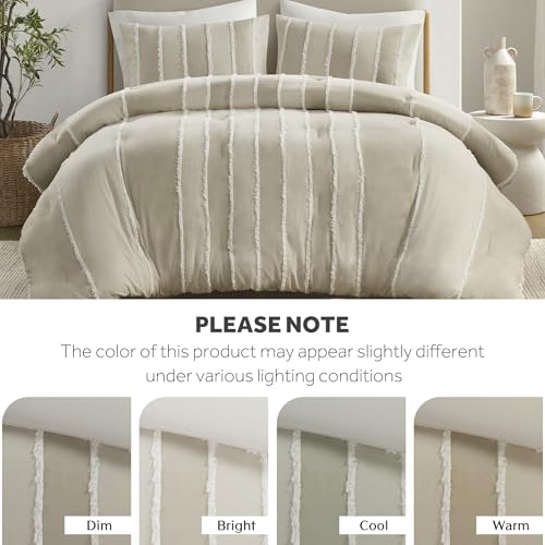 Image of Ink+Ivy Queen Comforter Set Boho Comforters Stripes, Clipped Jacquard, Cotton Comforter for Queen Size Bed, All Season Poly Fill Lightweight Queen Bedding & Shams, Shay, Full /Queen, Taupe 3 Piece