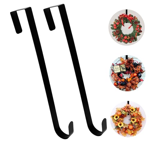 Door Wreath Hanger 15 Inch Wreath Hanger for Front Door 2 Pack Black Wreath Door Hanger for Welcome Sign Metal Wreath Hook Over The Door Hooks for Halloween Thanksgiving Fall Christmas Wreath Decor