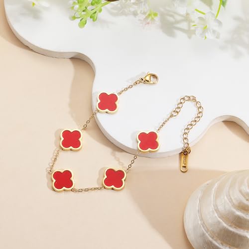 Image of AIPPK 18K Gold Plated Clover Lucky Bracelet for Women White /Black /Red /Green Flower Four Leaf Link Bracelets Trendy Jewelry Gifts for Women