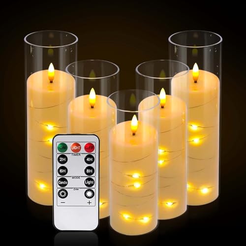 Image of Pack of 5 (D2.2 X H 5 inch 6 inch 7 inch) Ivory Flickering Flameless Candles Battery Operated with Remote, LED Pillar Candles with Realistic Moving Wick for Halloween, Christmas, Home Decor.