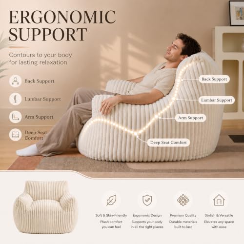 Image of Giant Plush Bean Bag Chair for Adults & Kids, 46 inch Oversized Bean Bag Sofa with Armrests, Memory Foam Comfy Mini Couch Lounge Chair, 400 LBS Floor Couch for Living Room, Bedroom, Game Room, Beige