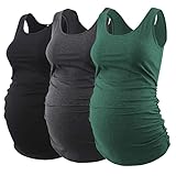 Ecavus 3PCS Womens Layering Maternity Tank Top Pregnancy Shirt Scoop Neck Sleeveless Ruched Vest (L,