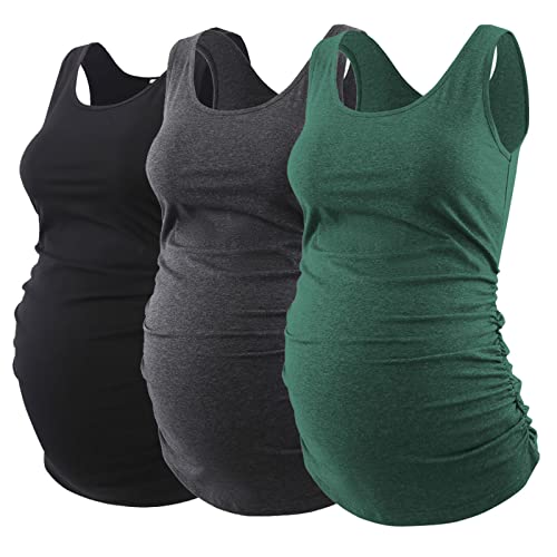Ecavus 3Pcs Womens Layering Maternity Tank Top Pregnancy Shirt Scoop Neck Sleeveless Ruched Vest (M, Black/Dark Grey/Hunterbr) #TOP7