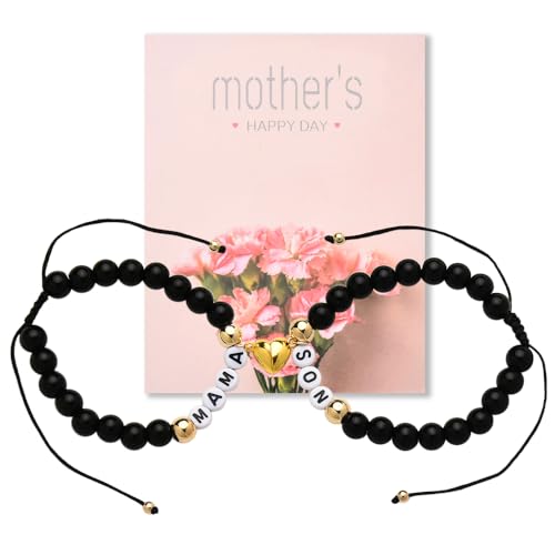 Black Mother and Son Bracelet Matching Heart Bracelets for Mama Son Birthday Gifts from Mom Mothers Day Gifts for Mom Mommy Mama Sons Bracelet Adjustable Bead Gift Set for 2