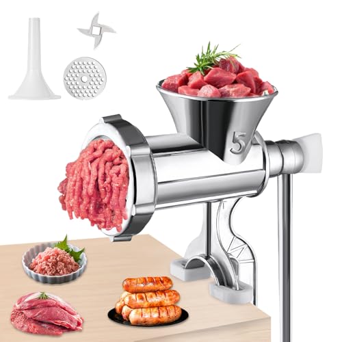 WDKXCN Manual Meat Grinder, Aluminum Alloy Meat Mincer Machine with Wooden Handle, Enema Tube and Tabletop Clamp, Meat Mincers for Home Use, Sausage Maker Machine for Meat, Vegetable, Pepper, Noodles