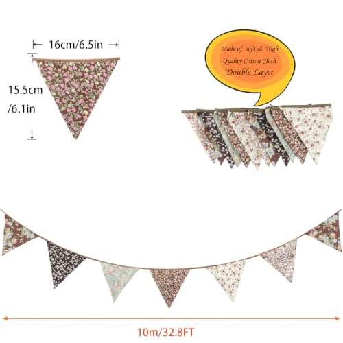 Image of Zwiebeco 32Ft Coffee Brown Fabric Floral Pennant Banner Bunting Cotton Flowers Triangle Flags Party Decorations for Birthday Wedding Engagement Bridal Baby Shower Rustic Village Sweet Garden Decor