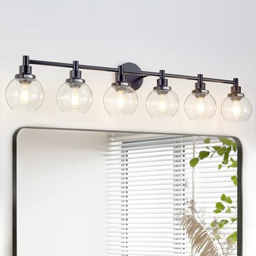 Image of 6-Light Bathroom Light Fixture Black Vanity Lights Over Mirror Modern Wall Sconce Farmhouse Vintage Bathroom Vanity Lighting with Glass Shade for Bedroom Hallway Cabinet Bathroom