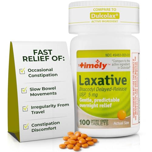 TIME-CAP LABS, INC. Timely Laxative Bisacodyl 5mg Tablets - Stimulant Laxatives for Constipation Fast Acting & Gentle - Overnight Constipation Relief for Adults -100 Tablets